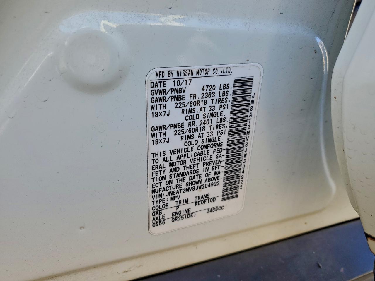 2018 Nissan Rogue S VIN: JN8AT2MV8JW304922 Lot: 95546825