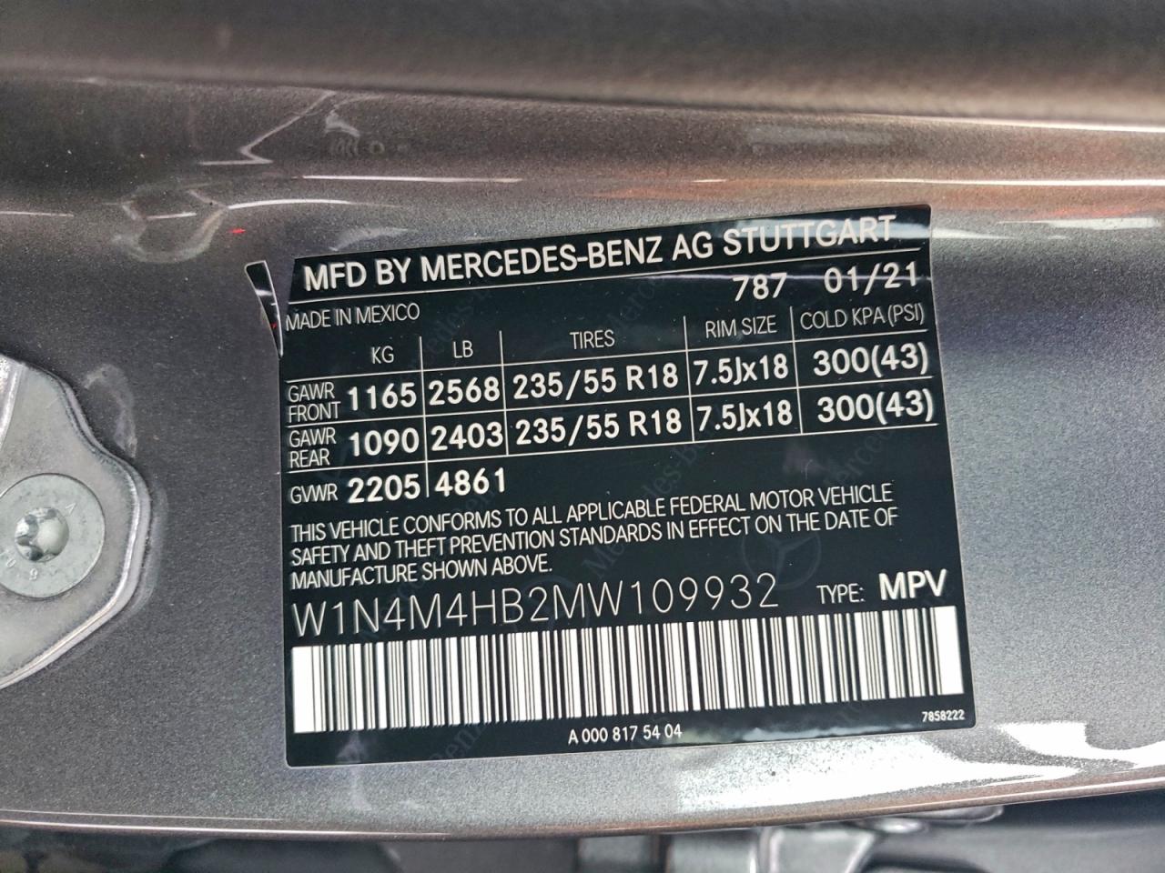 2021 Mercedes-Benz Glb 250 4Matic VIN: W1N4M4HB2MW109932 Lot: 97216615