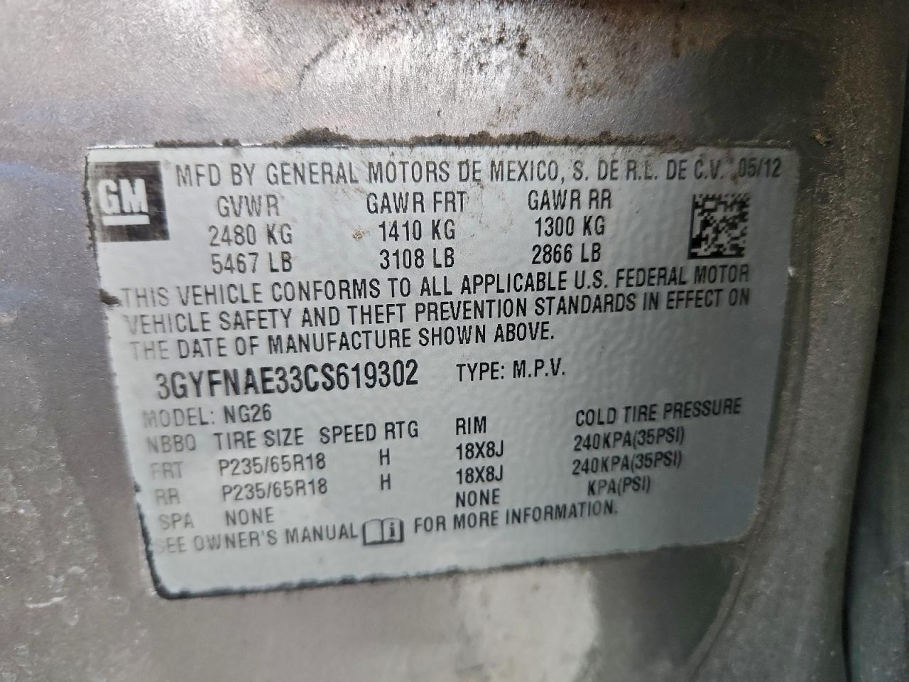 2012 Cadillac Srx Luxury Collection VIN: 3GYFNAE33CS619302 Lot: 95984005