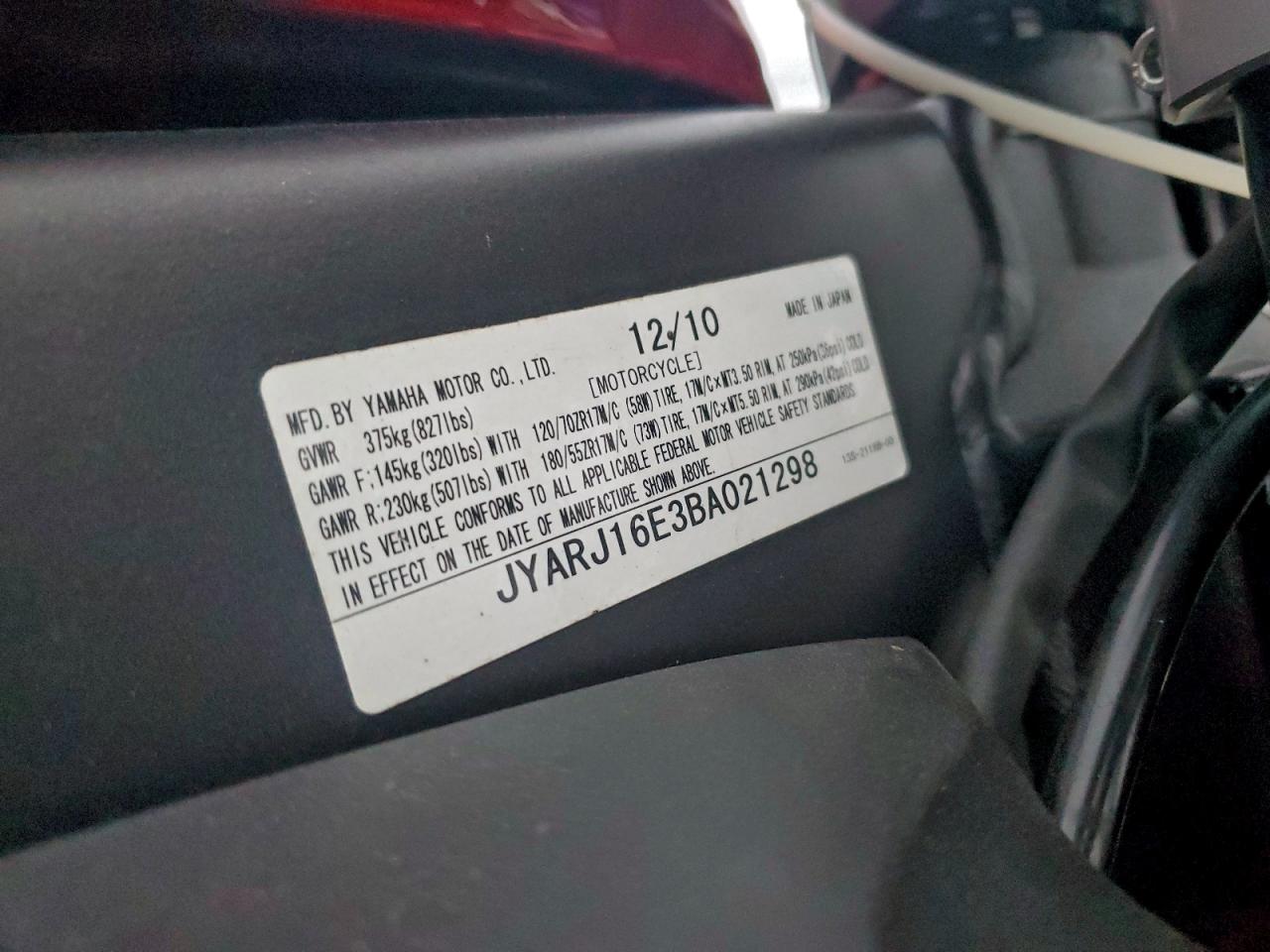 2011 Yamaha Yzfr6 VIN: JYARJ16E3BA021298 Lot: 93343735