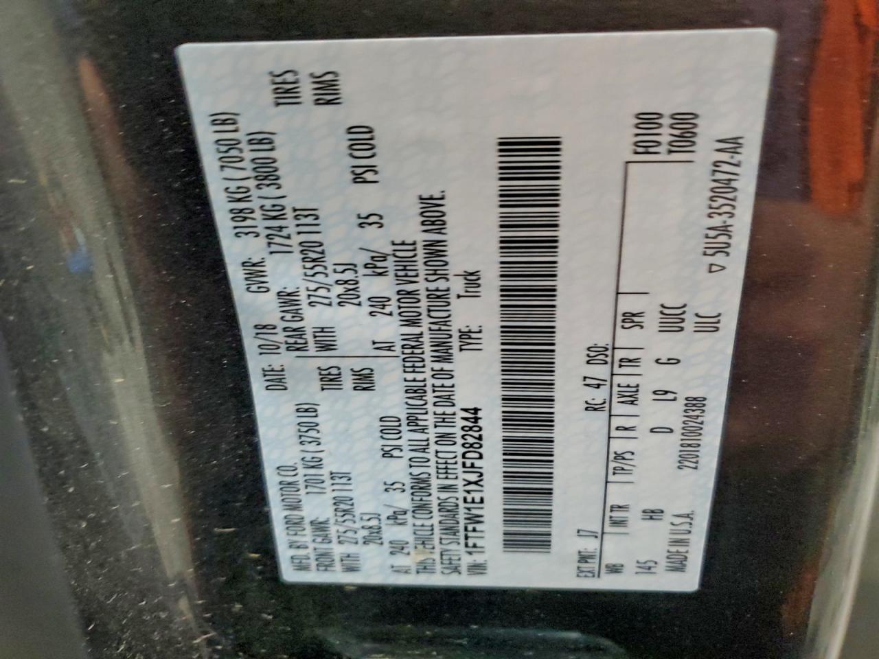 2018 Ford F150 Supercrew VIN: 1FTFW1E1XJFD82844 Lot: 96128225