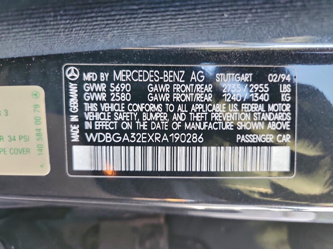 1994 Mercedes-Benz S 320 VIN: WDBGA32EXRA190286 Lot: 96276085