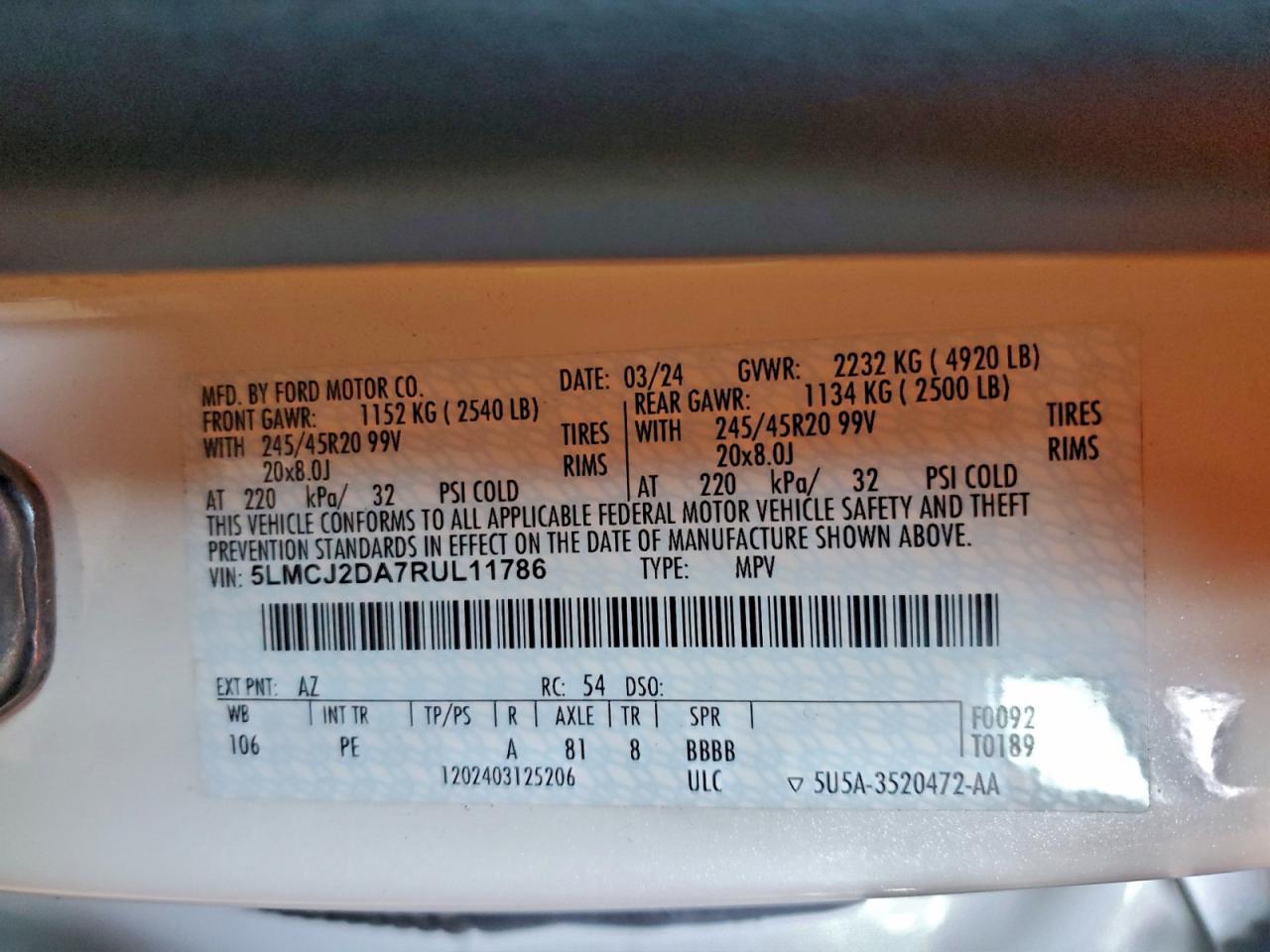 2024 Lincoln Corsair Reserve VIN: 5LMCJ2DA7RUL11786 Lot: 94541585