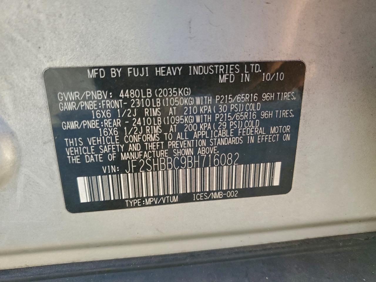 2011 Subaru Forester 2.5X VIN: JF2SHBBC9BH716082 Lot: 97338185