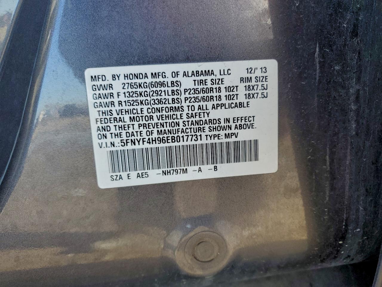 2014 Honda Pilot Touring VIN: 5FNYF4H96EB017731 Lot: 95126785