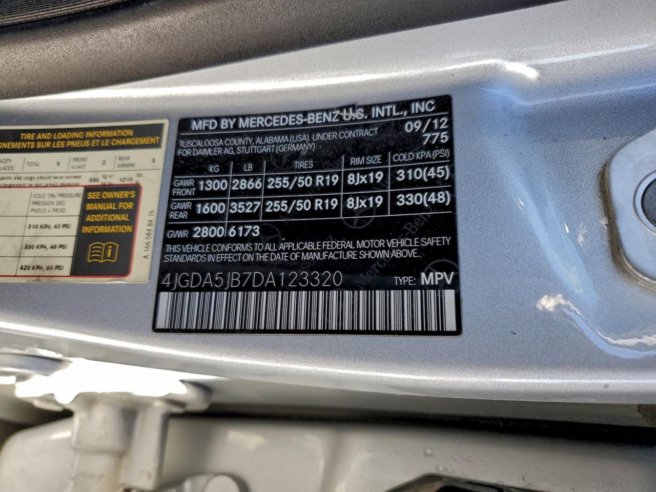 2013 Mercedes-Benz Ml 350 VIN: 4JGDA5JB7DA123320 Lot: 95708735