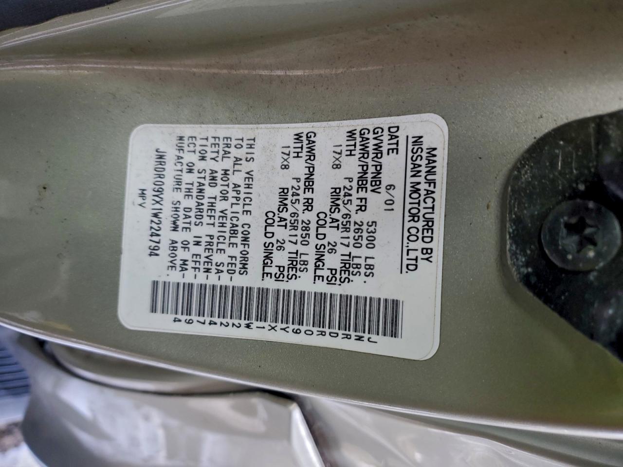 2001 Infiniti Qx4 VIN: JNRDR09YX1W224794 Lot: 95326955