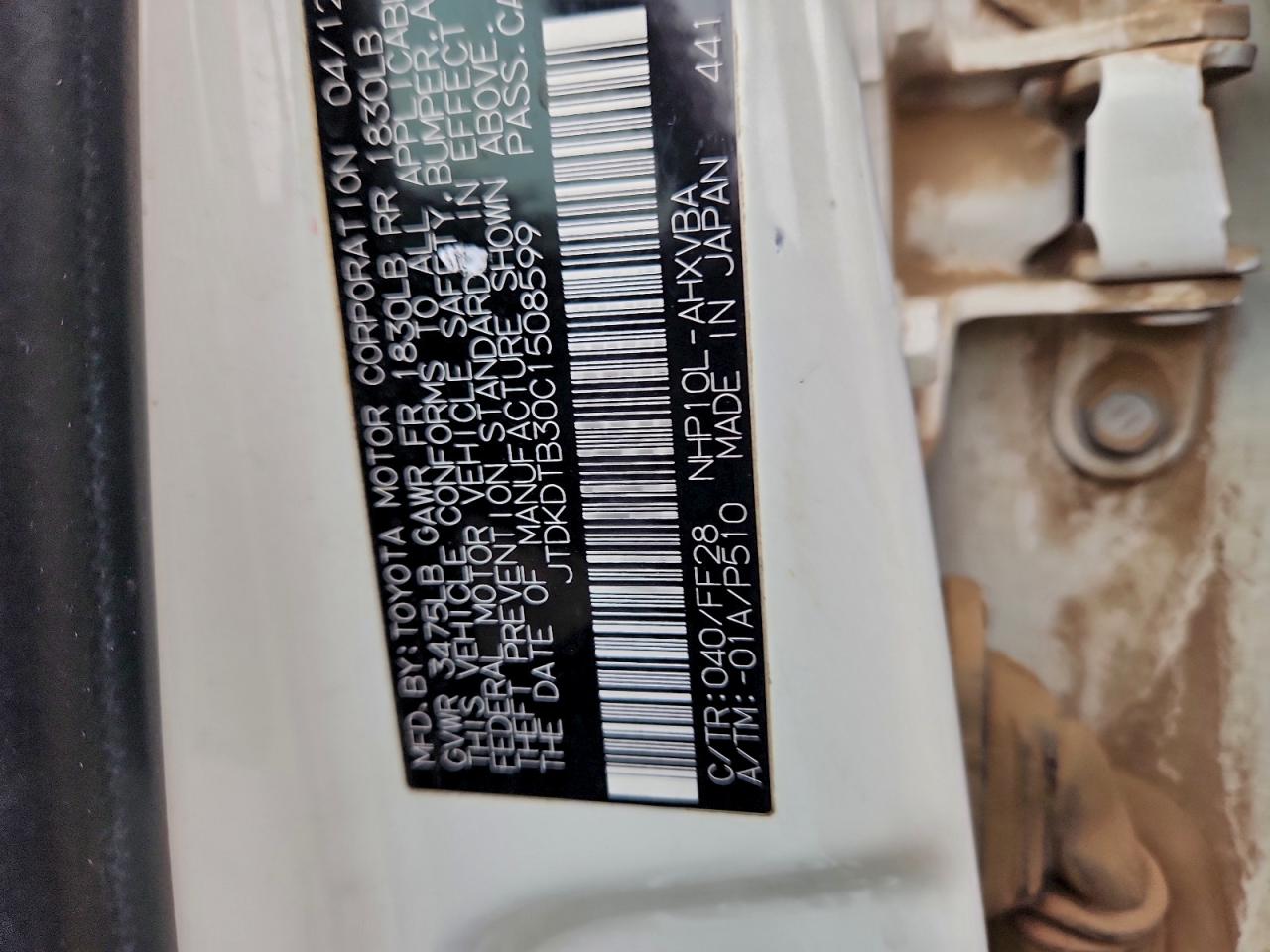 2012 Toyota Prius C VIN: JTDKDTB30C1508599 Lot: 95429105