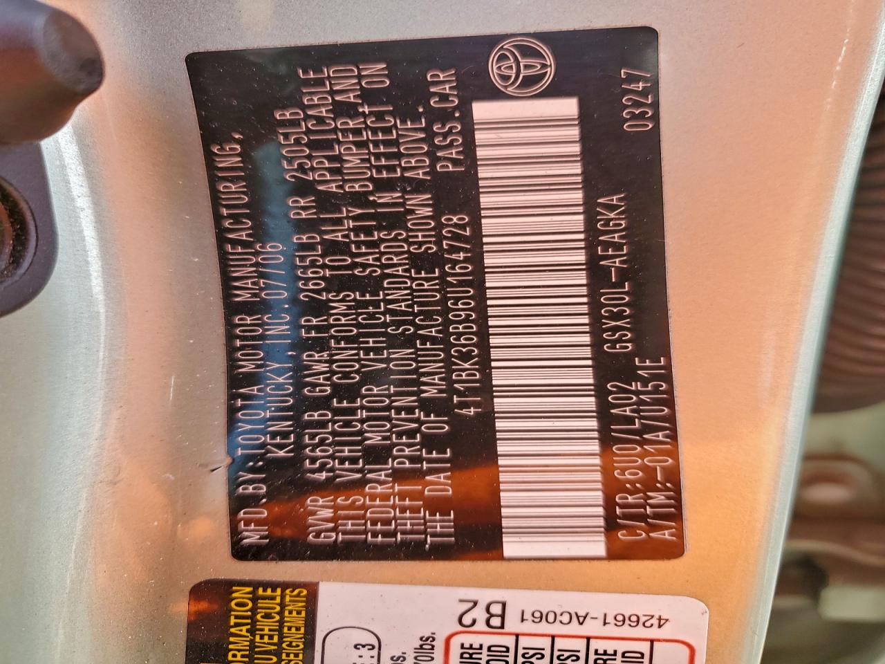 2006 Toyota Avalon Xl VIN: 4T1BK36B96U164728 Lot: 94757655