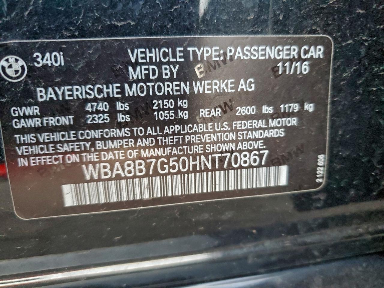 2017 BMW 340 Xi VIN: WBA8B7G50HNT70867 Lot: 96123835