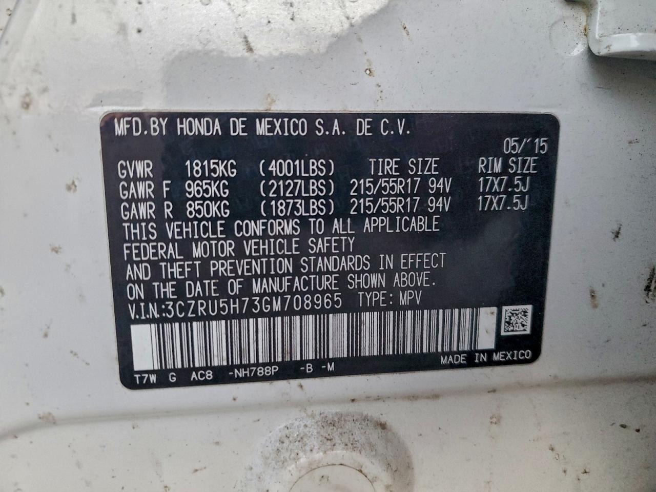 2016 Honda Hr-V Exl VIN: 3CZRU5H73GM708965 Lot: 95439175