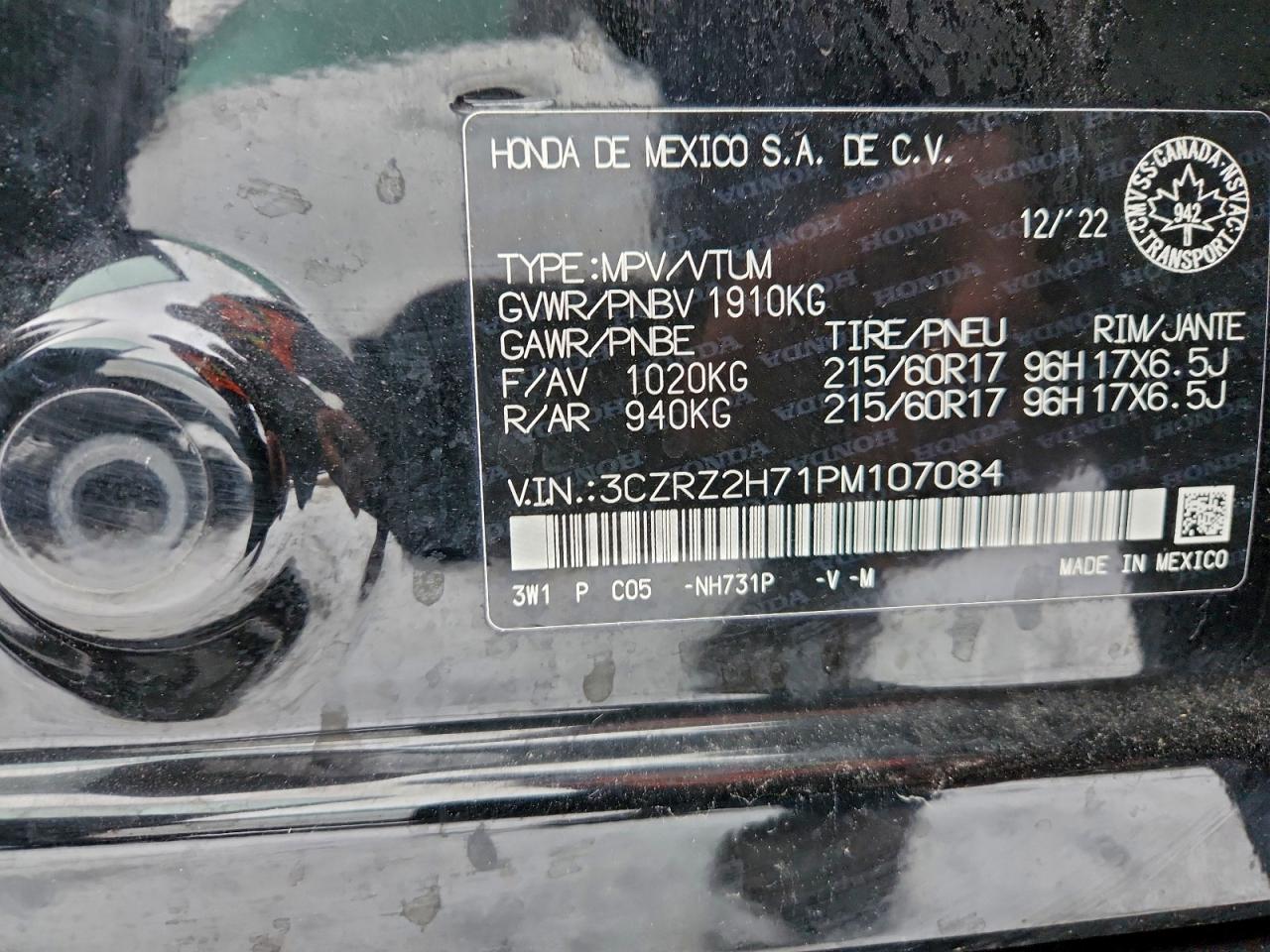 2023 Honda Hr-V Exl VIN: 3CZRZ2H71PM107084 Lot: 90441775