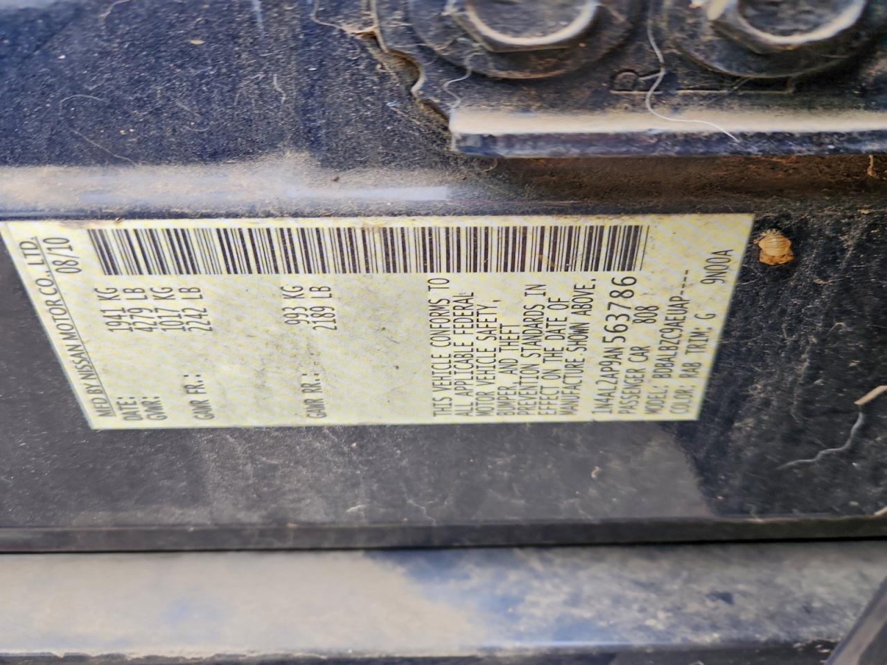 2010 Nissan Altima Base VIN: 1N4AL2AP9AN563786 Lot: 93837125