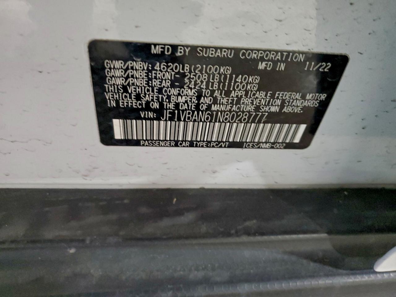 2022 Subaru Wrx Limited VIN: JF1VBAN61N8028777 Lot: 94764045