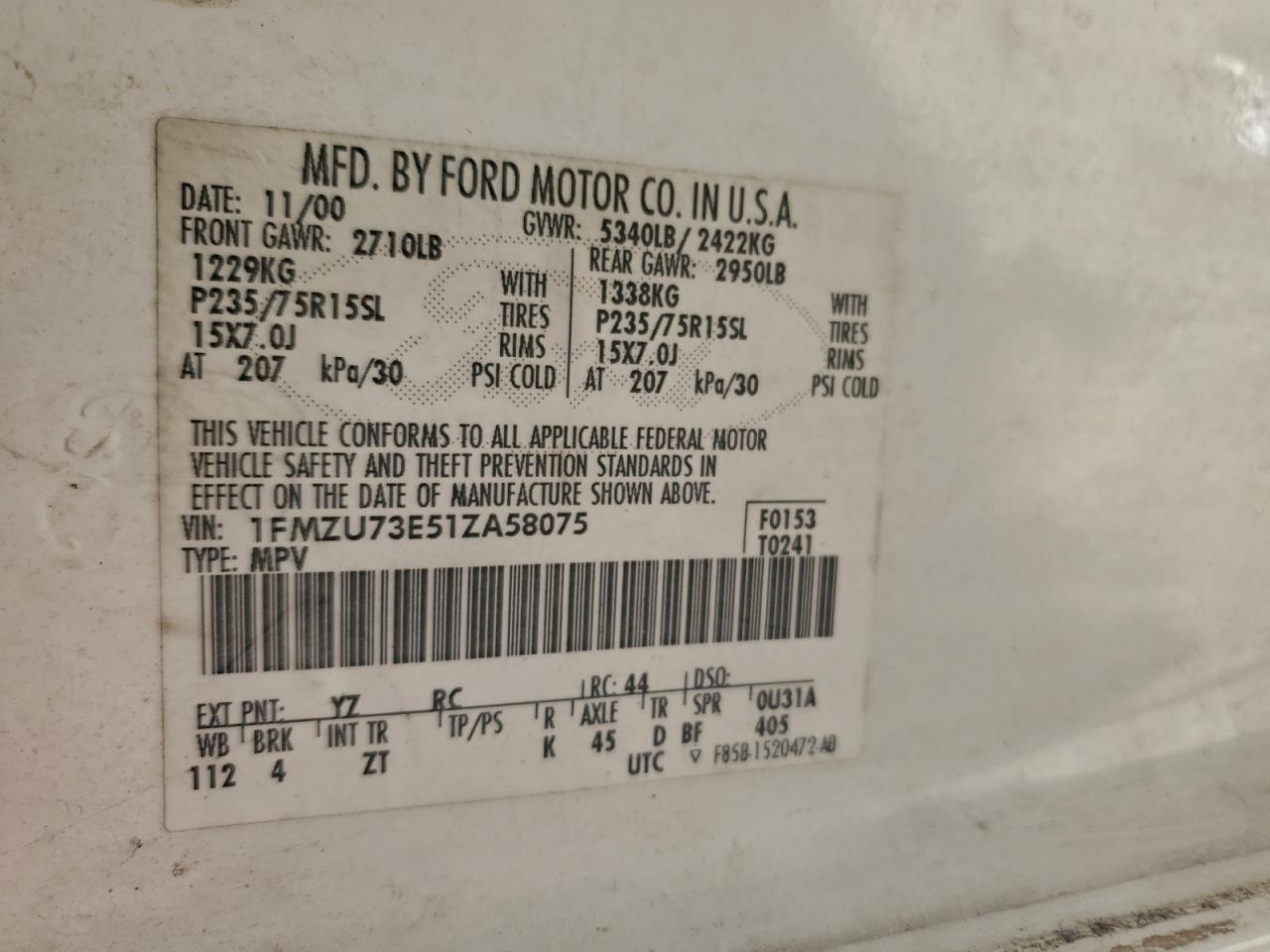 2001 Ford Explorer Xlt VIN: 1FMZU73E51ZA58075 Lot: 94874955