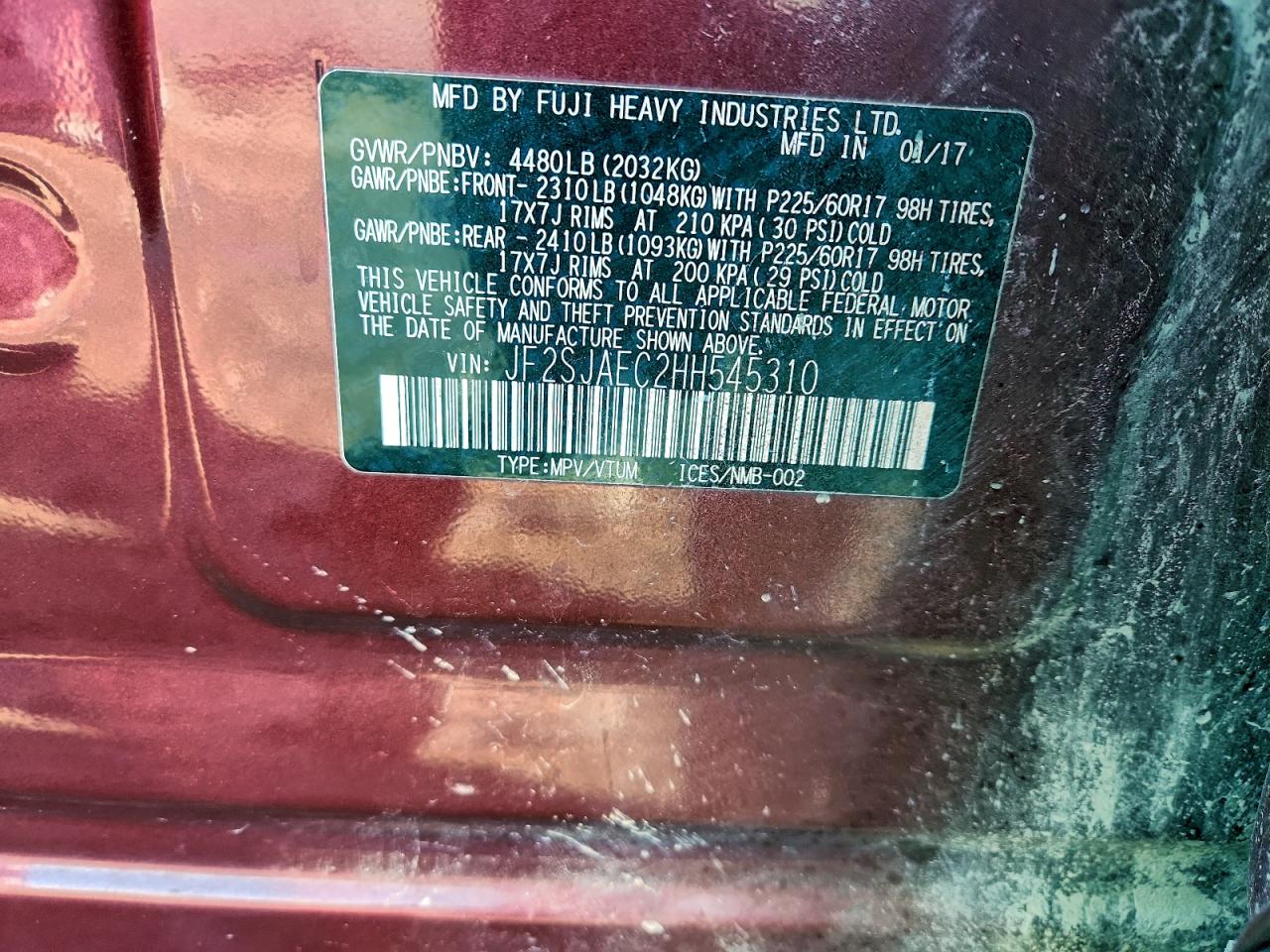 2017 Subaru Forester 2.5I Premium VIN: JF2SJAEC2HH545310 Lot: 94757545