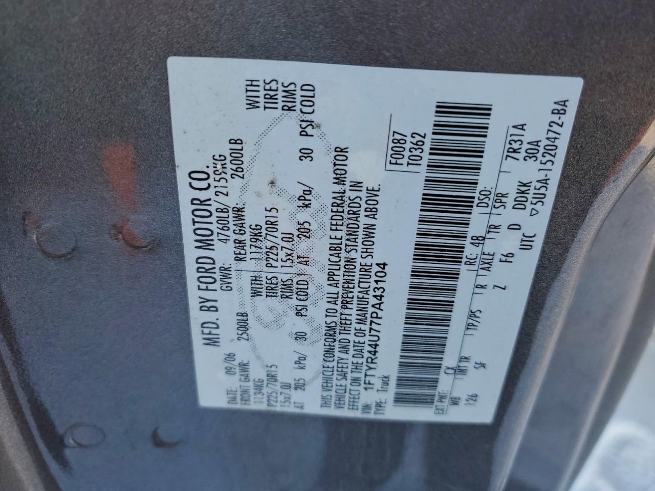 2007 Ford Ranger Super Cab VIN: 1FTYR44U77PA43104 Lot: 95021655