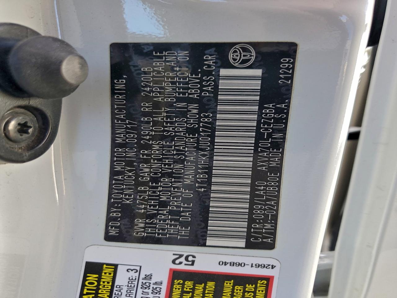 2018 Toyota Camry L VIN: 4T1B11HKXJU017783 Lot: 95466345