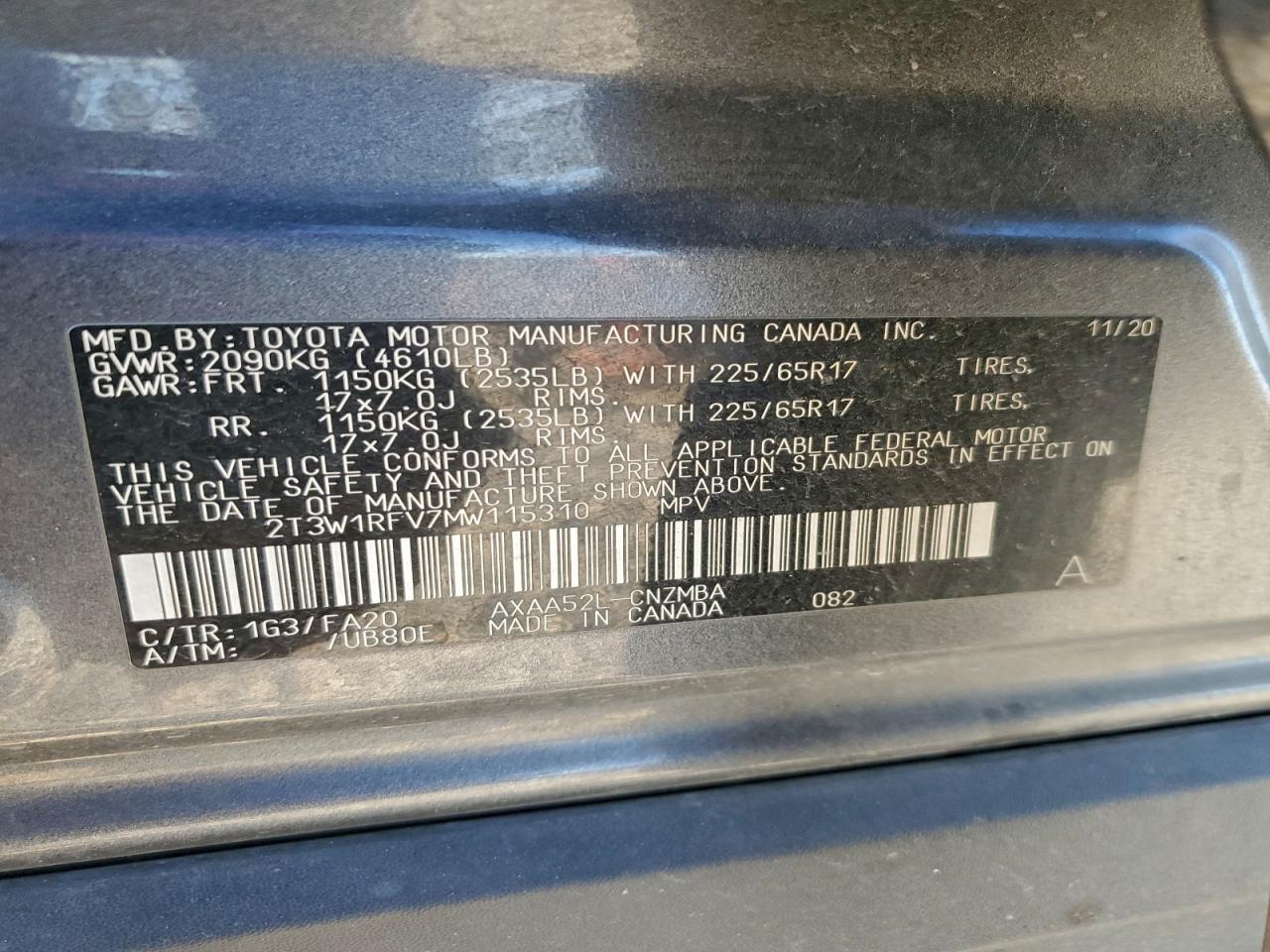 2021 Toyota Rav4 Xle VIN: 2T3W1RFV7MW115310 Lot: 95195995