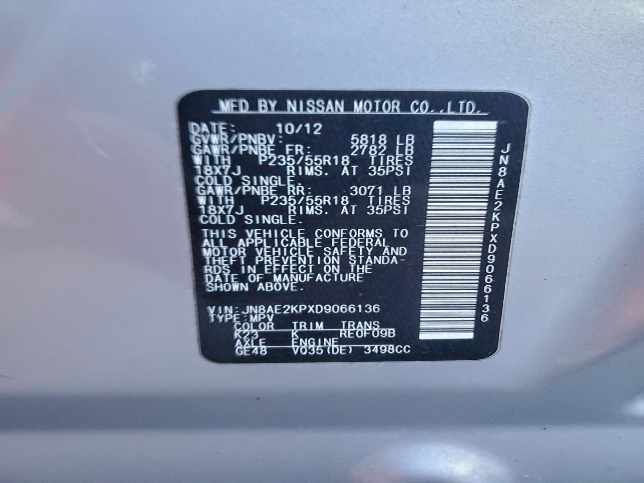 2013 Nissan Quest S VIN: JN8AE2KPXD9066136 Lot: 94715955