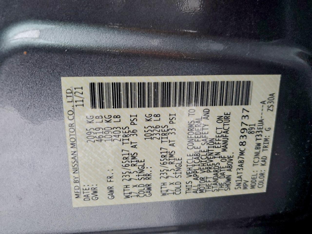 2021 Nissan Rogue S VIN: 5N1AT3AB7MC839737 Lot: 94856705