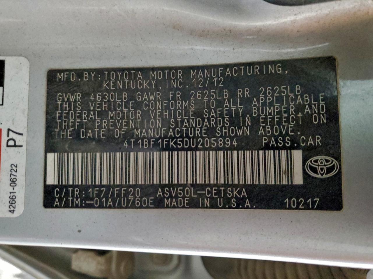 2013 Toyota Camry L VIN: 4T1BF1FK5DU205894 Lot: 94760385