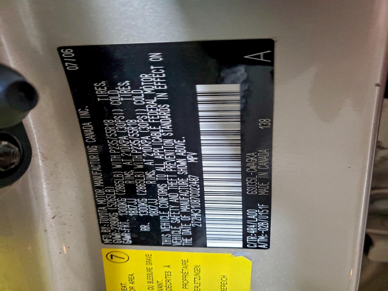 2007 Lexus Rx 350 VIN: 2T2HK31U87C023487 Lot: 94549075