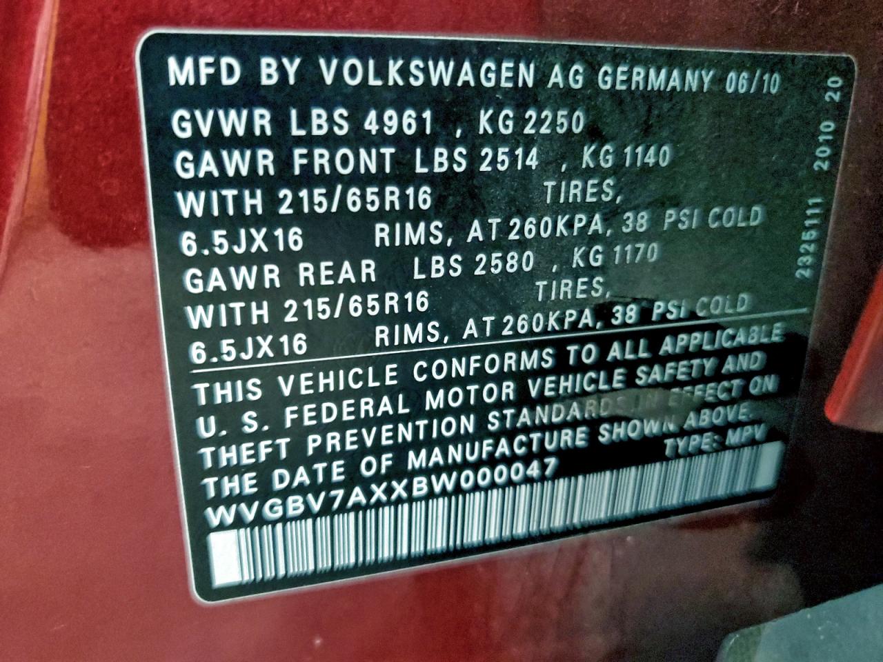 2011 Volkswagen Tiguan S VIN: WVGBV7AXXBW000047 Lot: 97035155