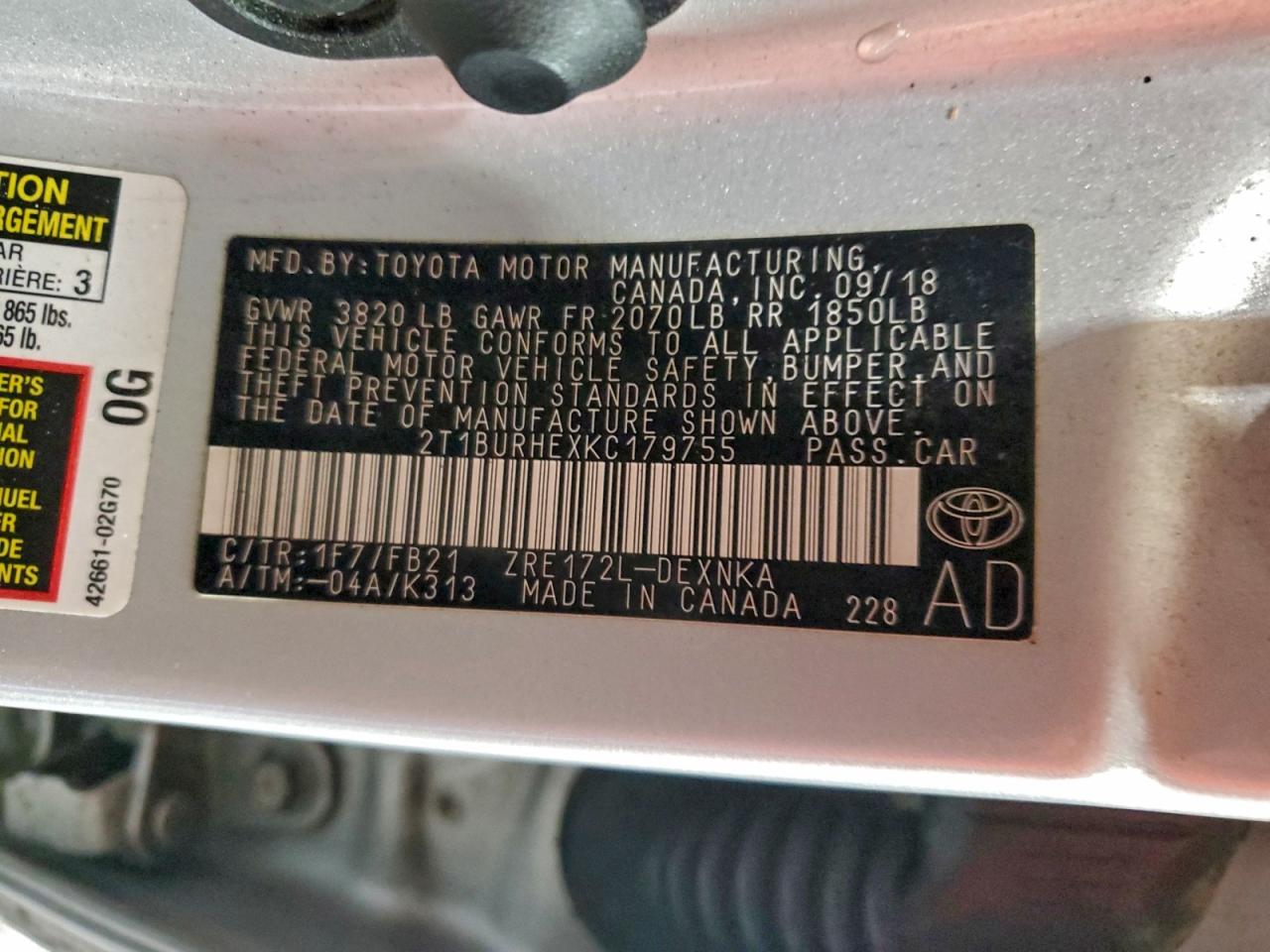 2019 Toyota Corolla L VIN: 2T1BURHEXKC179755 Lot: 94255315