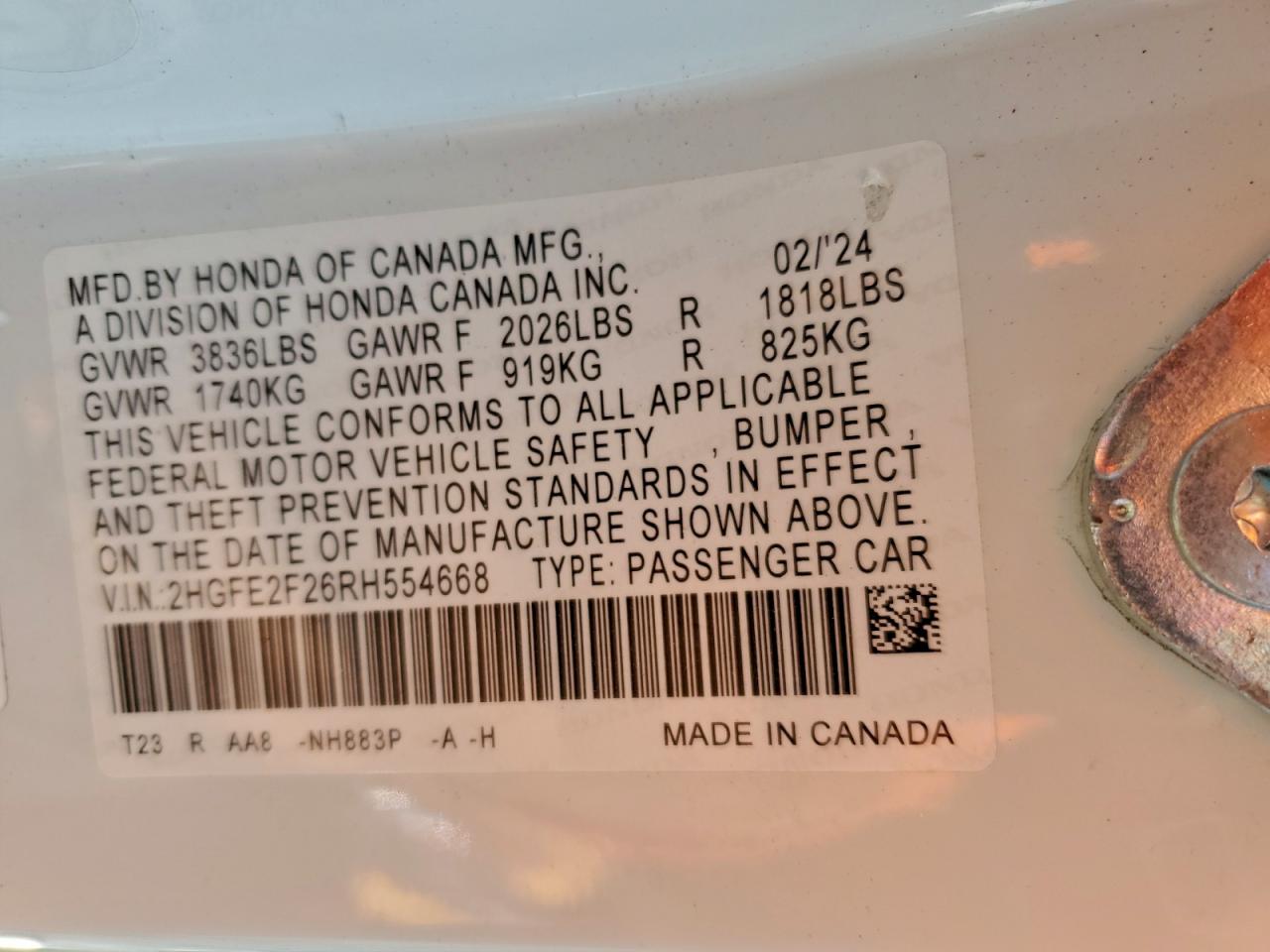 2024 Honda Civic Lx VIN: 2HGFE2F26RH554668 Lot: 95911345