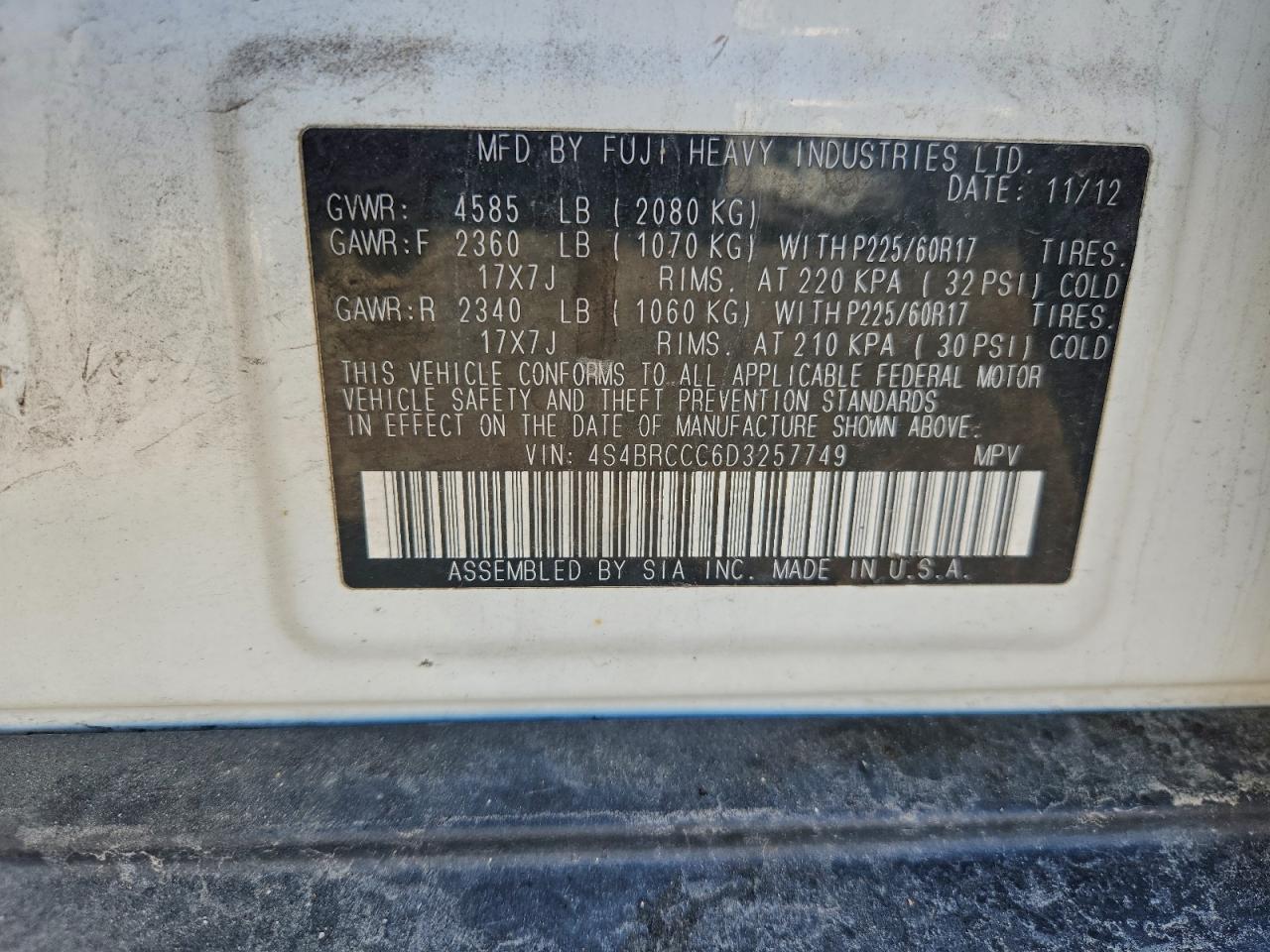 2013 Subaru Outback 2.5I Premium VIN: 4S4BRCCC6D3257749 Lot: 97159995