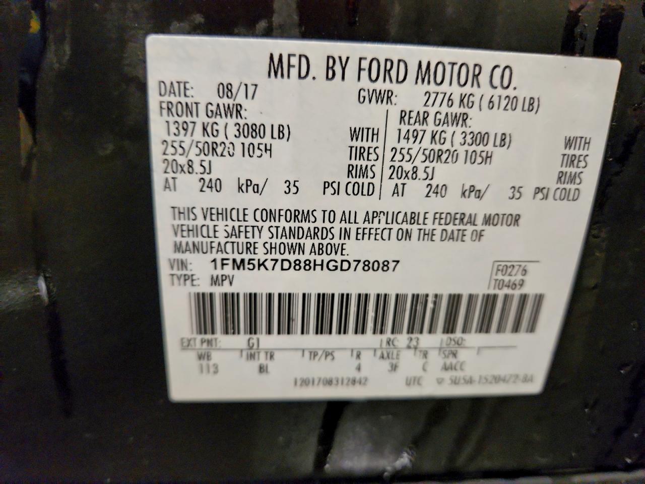 2017 Ford Explorer Xlt VIN: 1FM5K7D88HGD78087 Lot: 94317965