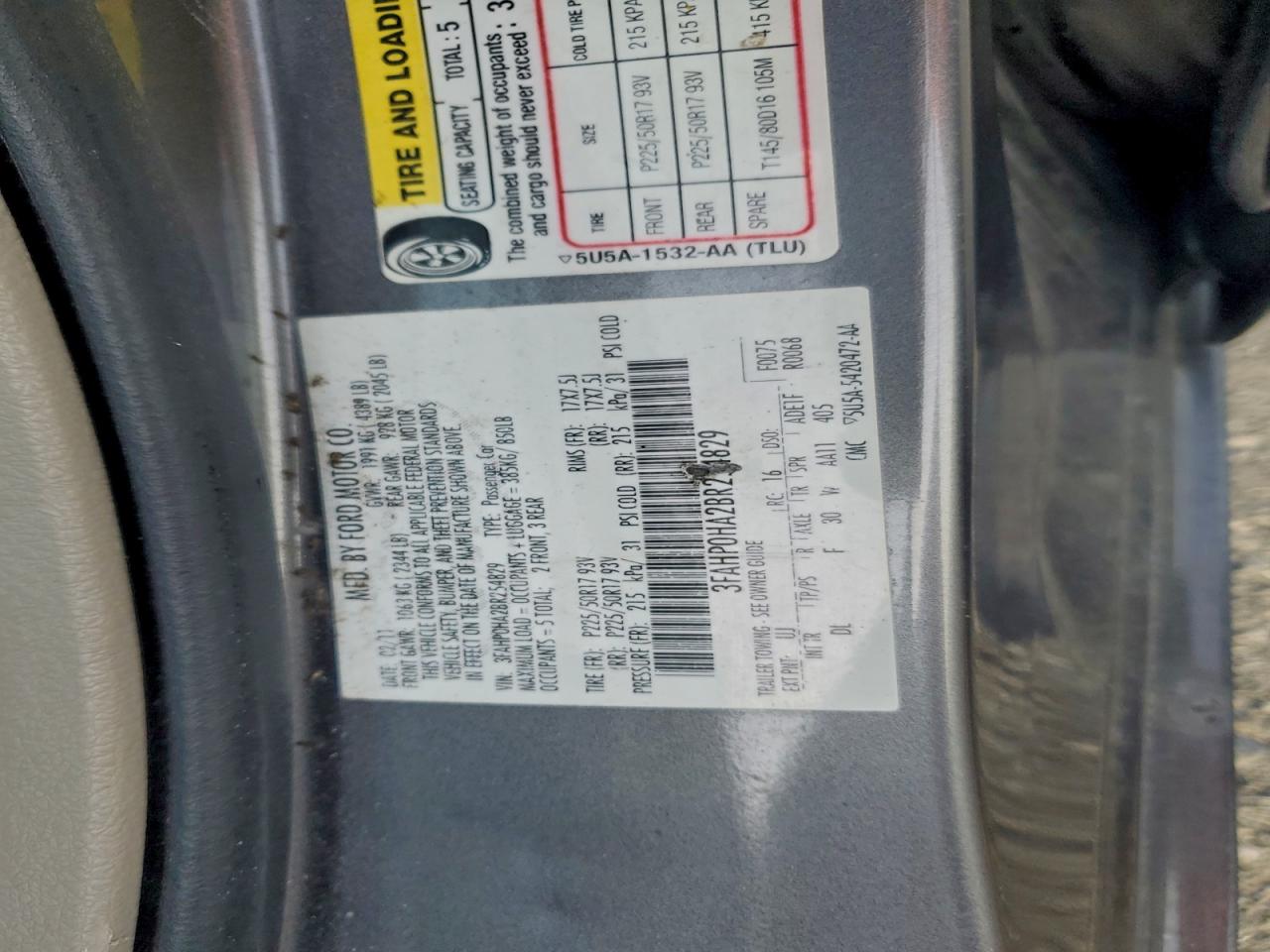 2011 Ford Fusion Se VIN: 3FAHP0HA2BR254829 Lot: 94940495