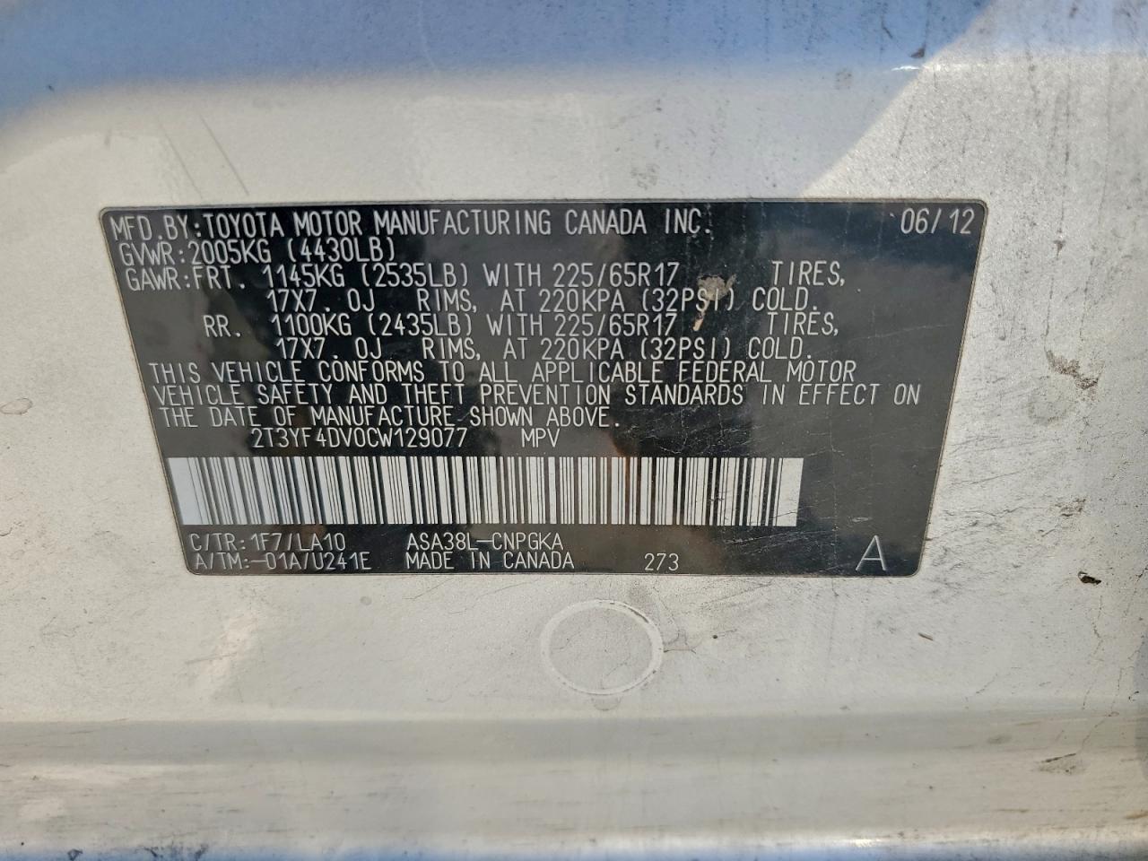 2012 Toyota Rav4 Limited VIN: 2T3YF4DV0CW129077 Lot: 94577935