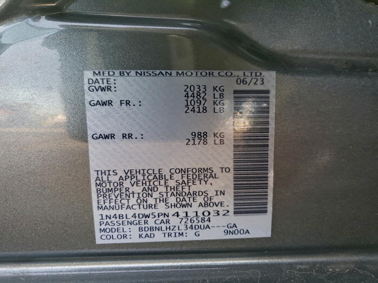 2023 Nissan Altima Sv VIN: 1N4BL4DW5PN411032 Lot: 95495585