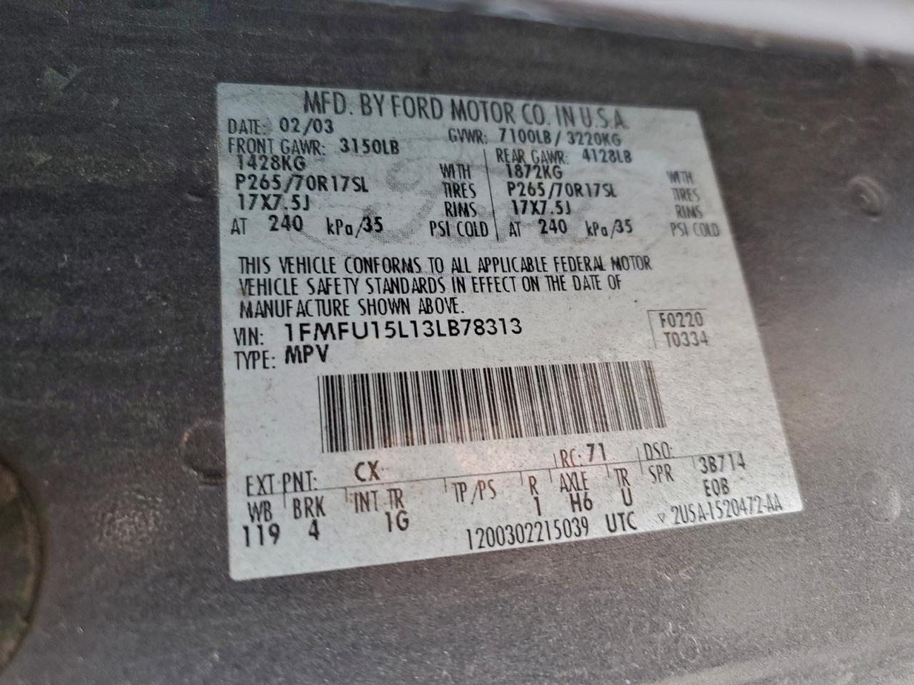 2003 Ford Expedition Xlt VIN: 1FMFU15L13LB78313 Lot: 95938585