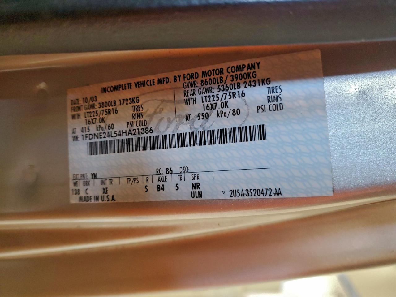 2004 Ford Econoline E250 Van VIN: 1FDNE24L54HA21386 Lot: 96974995