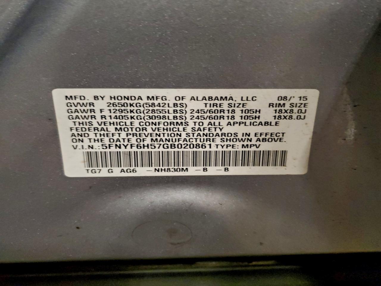 2016 Honda Pilot Exl VIN: 5FNYF6H57GB020861 Lot: 94921645