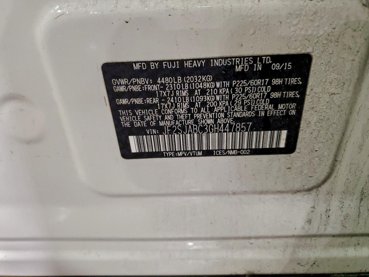 2016 Subaru Forester 2.5I VIN: JF2SJABC3GH447857 Lot: 95017685