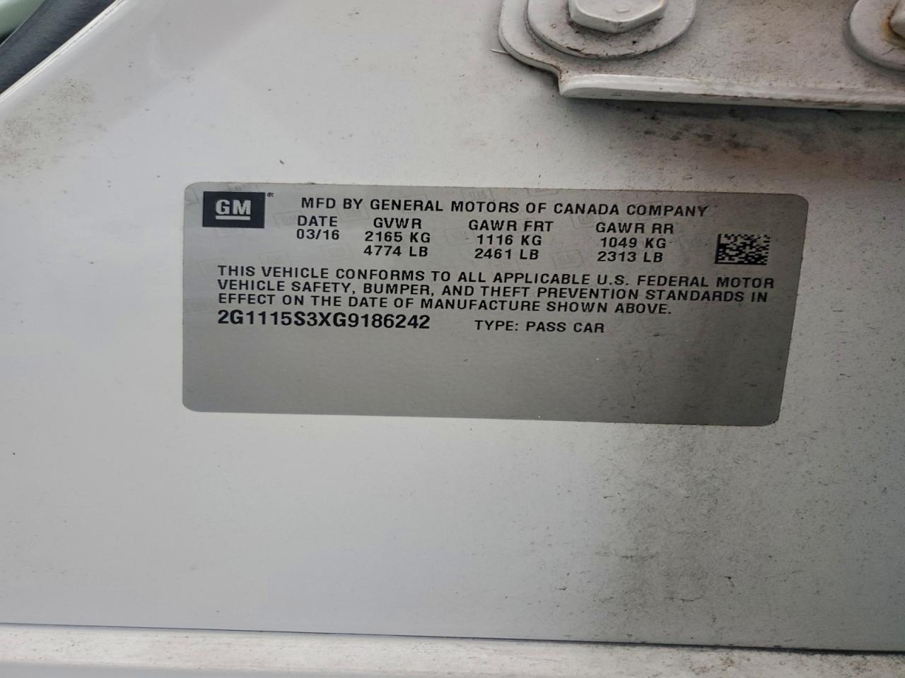 2016 Chevrolet Impala Lt VIN: 2G1115S3XG9186242 Lot: 93991425