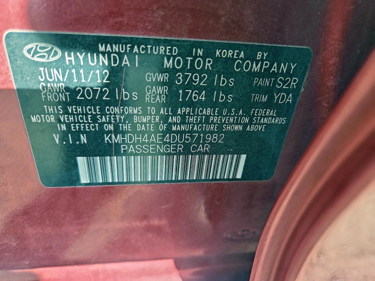 2013 Hyundai Elantra Gls VIN: KMHDH4AE4DU571982 Lot: 97134175
