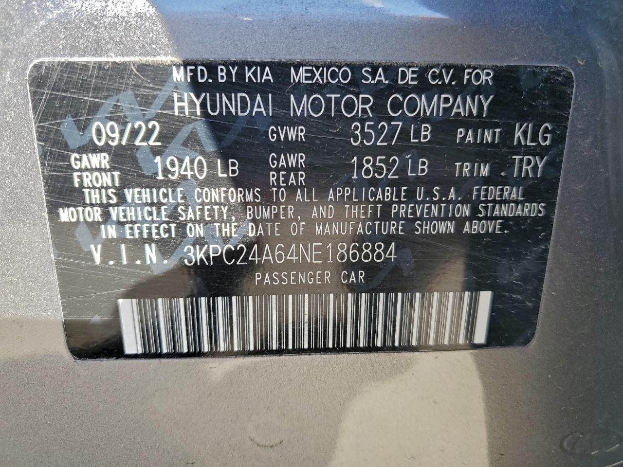 2022 Hyundai Accent Se VIN: 3KPC24A64NE186884 Lot: 94669775