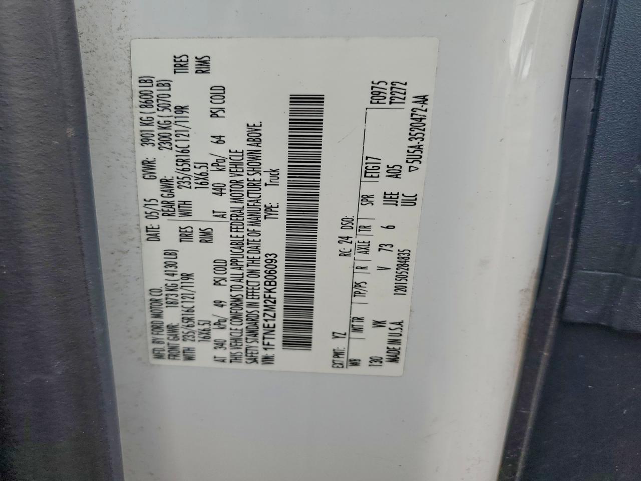 2015 Ford Transit T-150 VIN: 1FTNE1ZM2FKB06093 Lot: 93417915