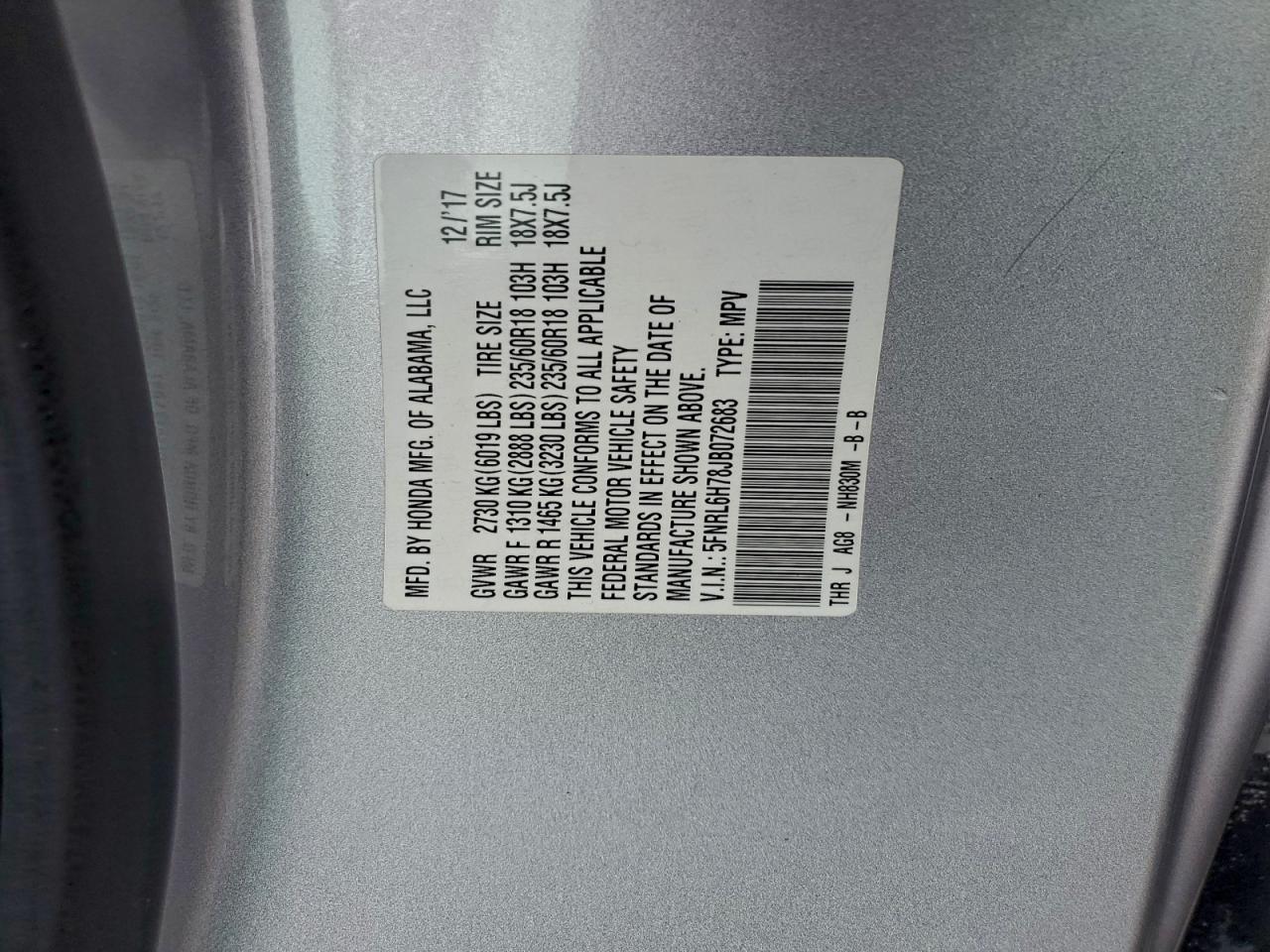 2018 Honda Odyssey Exl VIN: 5FNRL6H78JB072683 Lot: 96221185