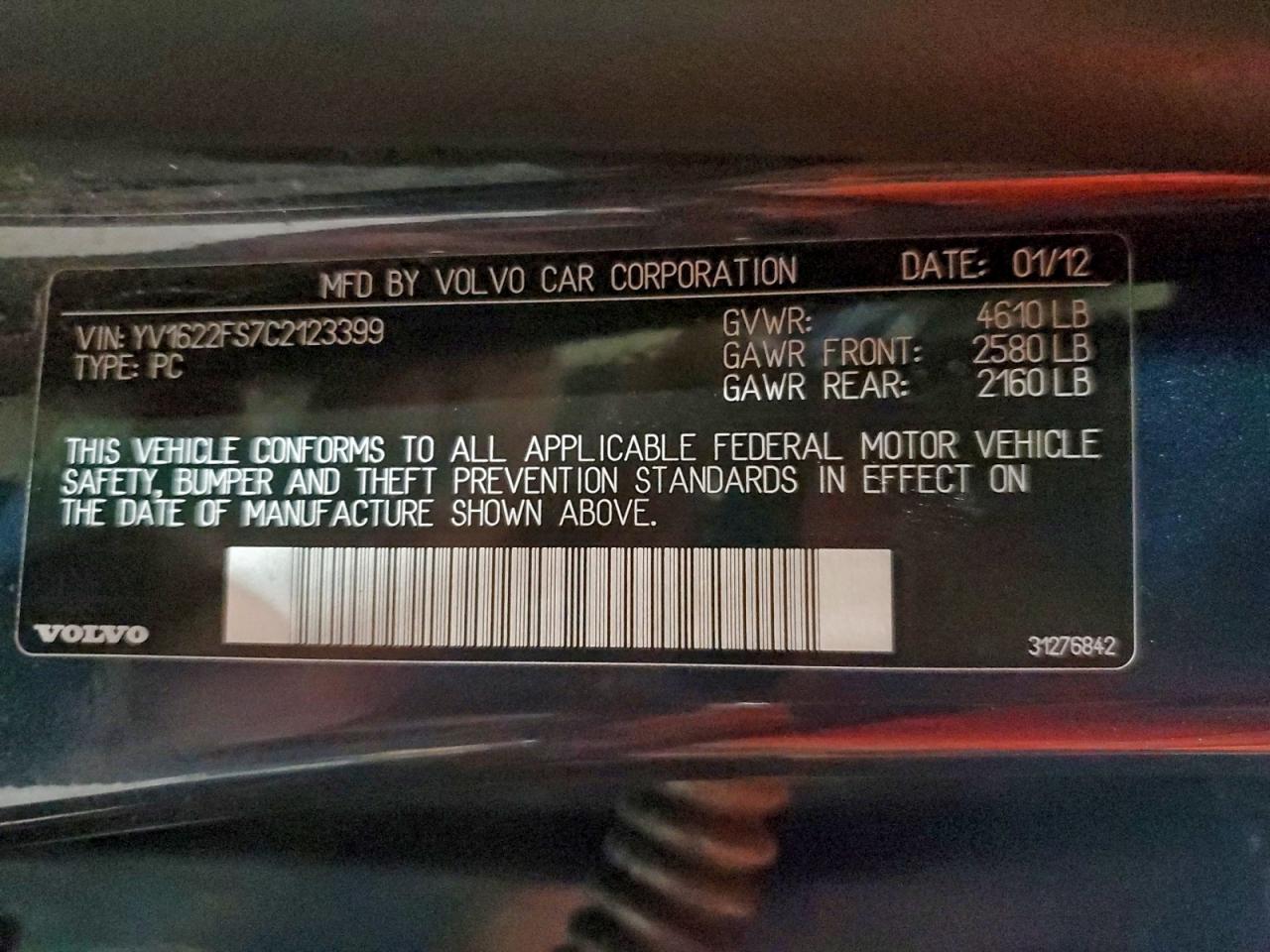 2012 Volvo S60 T5 VIN: YV1622FS7C2123399 Lot: 95619405