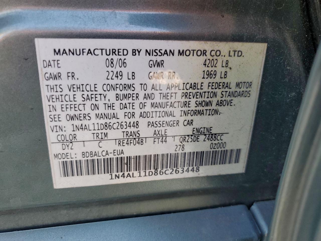 2006 Nissan Altima S VIN: 1N4AL11D86C263448 Lot: 96724565