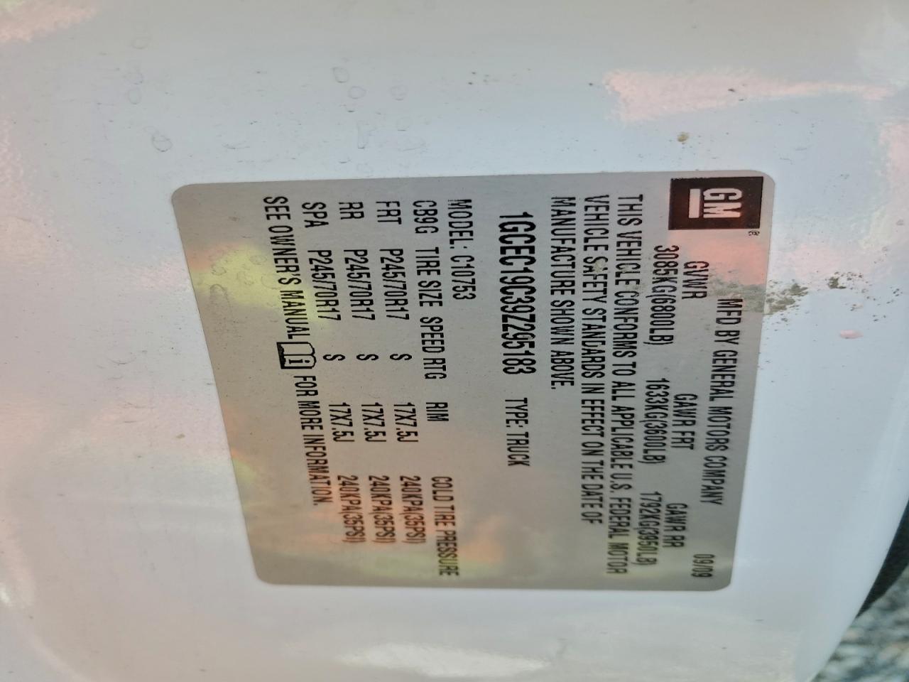 2009 Chevrolet Silverado C1500 VIN: 1GCEC19C39Z295183 Lot: 93467755