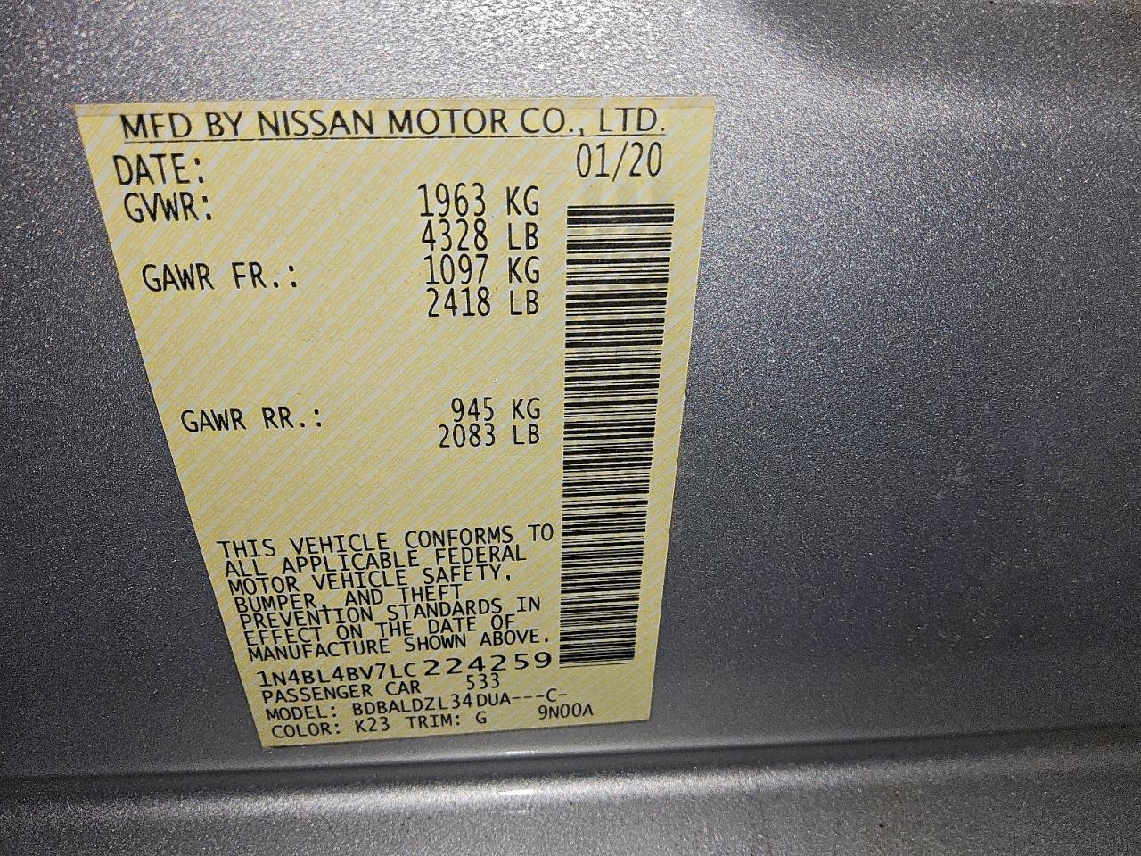 2020 Nissan Altima S VIN: 1N4BL4BV7LC224259 Lot: 91377315