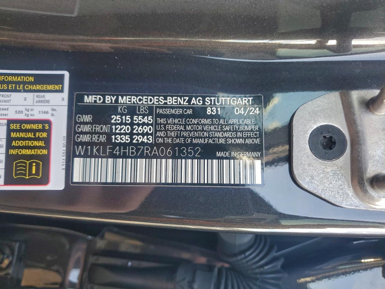 2024 Mercedes-Benz E 350 4Matic VIN: W1KLF4HB7RA061352 Lot: 95262935