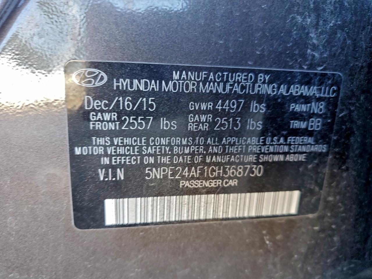 2016 Hyundai Sonata Se VIN: 5NPE24AF1GH368730 Lot: 95795395